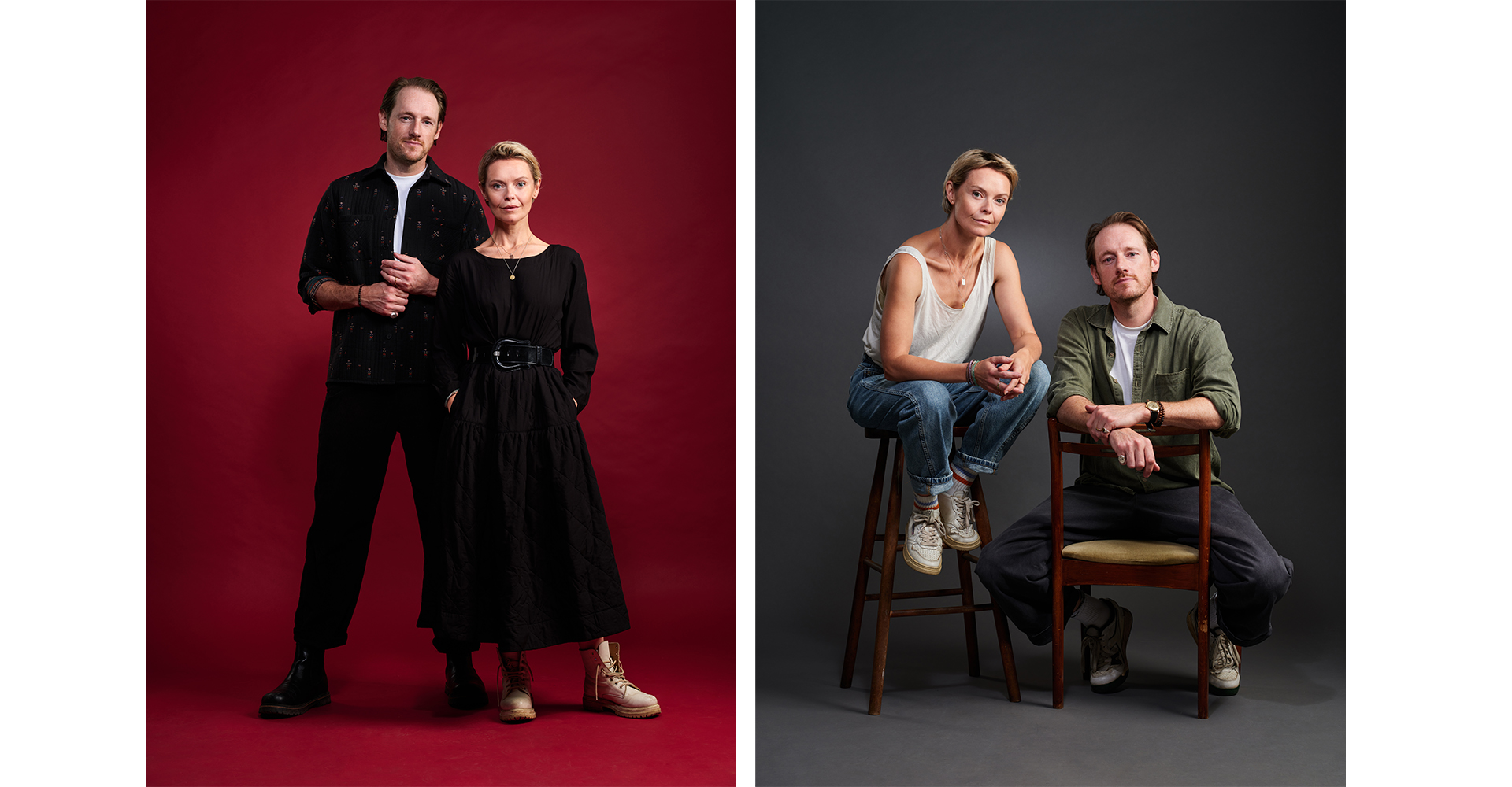 2 men sitting down table in front of them with shoes and handbag corporate head shot for the cofounders of Fairfax and Favor